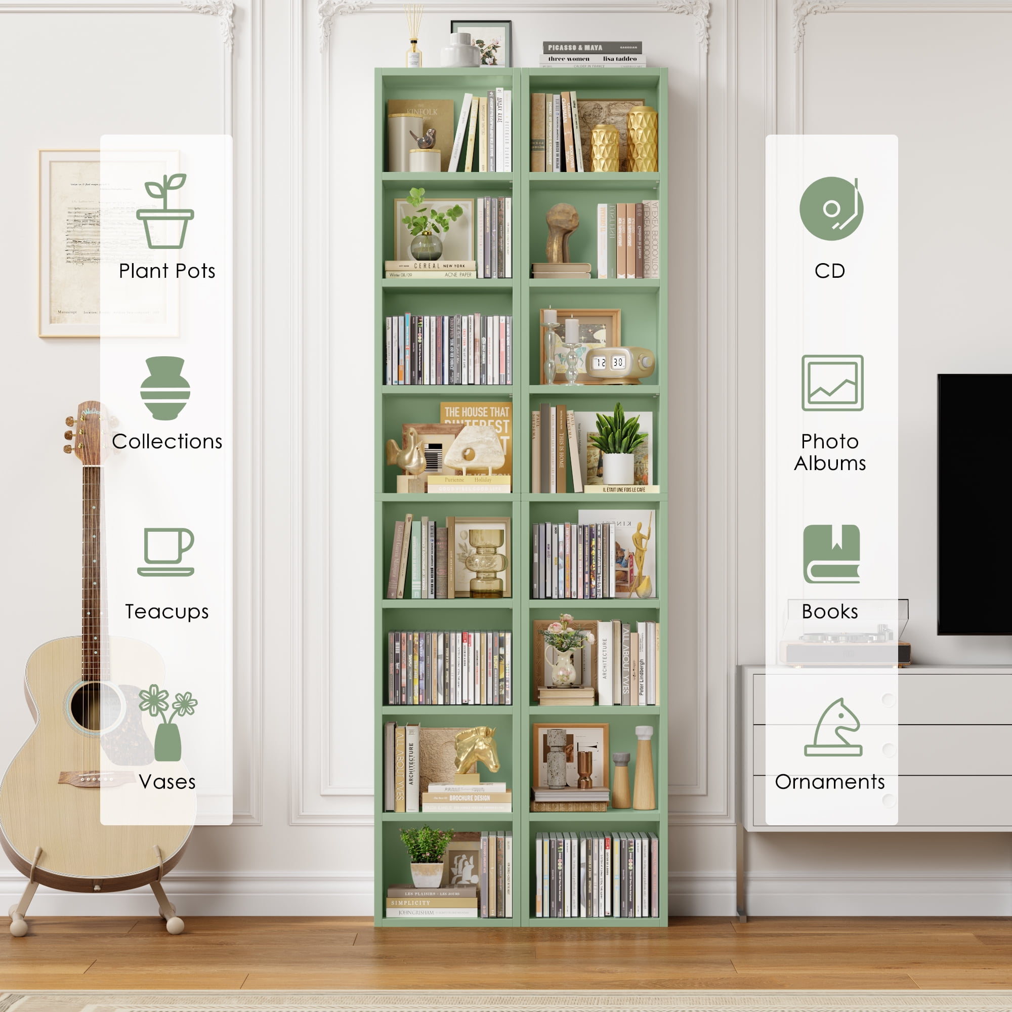 Homfa 8-Tier Wood Bookcase, 71'' Tall Storage Cube Organizer with Adjustable Shelves, 2PCS, Green
