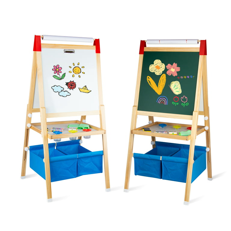 WOODENFUN Wooden Standing Art Easel for Kids 2-6, Adjustable Double Sided  Drawing Board Whiteboard & Chalkboard Dry Easel Board, Gift for Boys Girls