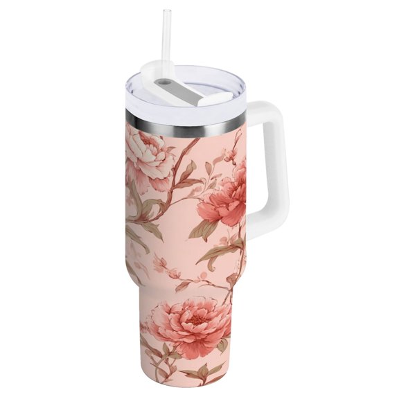 40 oz Insulated Stainless Steel Tumbler Double Wall Stainless Steel Tumbler with 2-Way Drinking Pink Flowers
