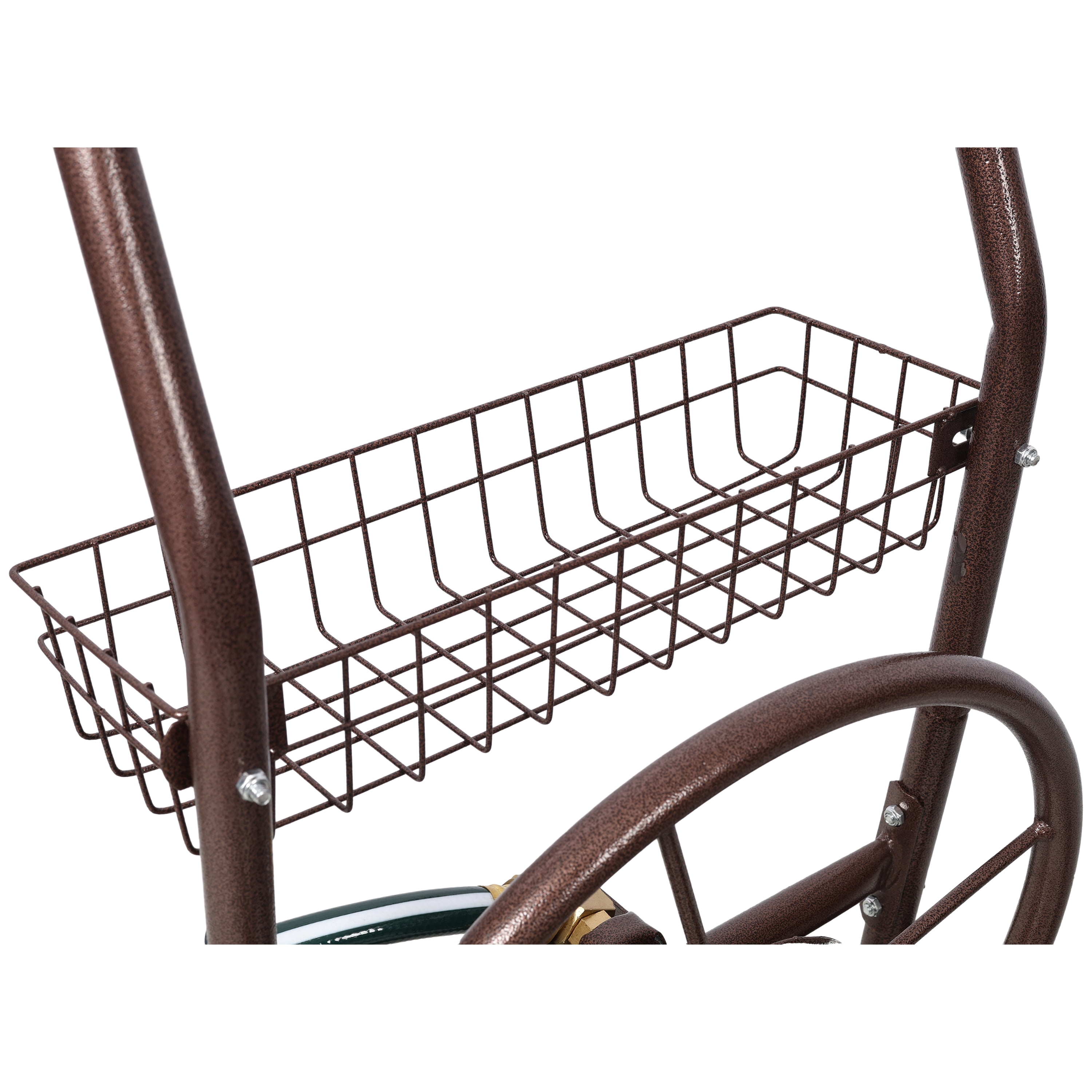 Bronze Steel Hose Reel Cart with Wheels - 31 in Length 250 Ft Capacity for Garden Watering and Storage