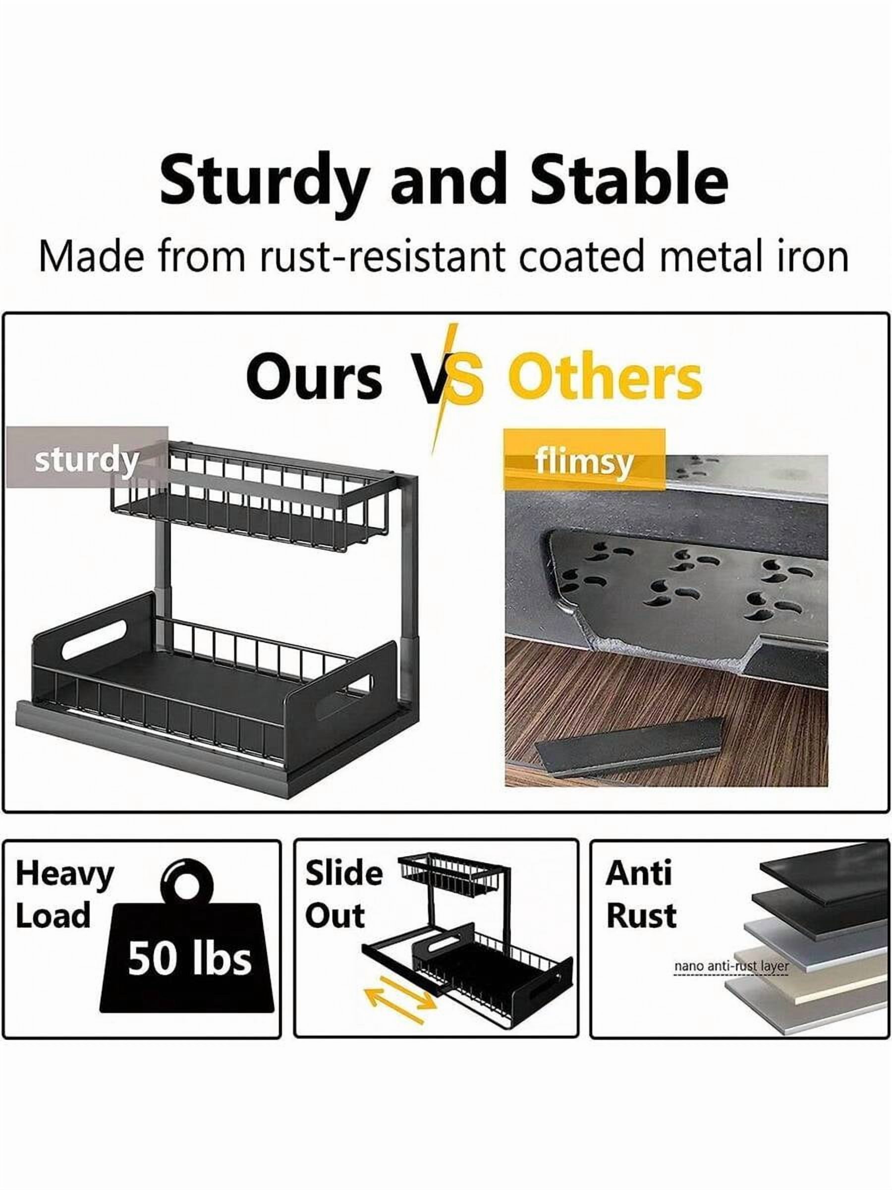 2 Tier Slide Out Kitchen Cabinet Organizer, Sturdy Metal Under Sink Storage Drawer, Pull Out Shelves for Bathroom Vanity, Pantry, and Home Office Organization