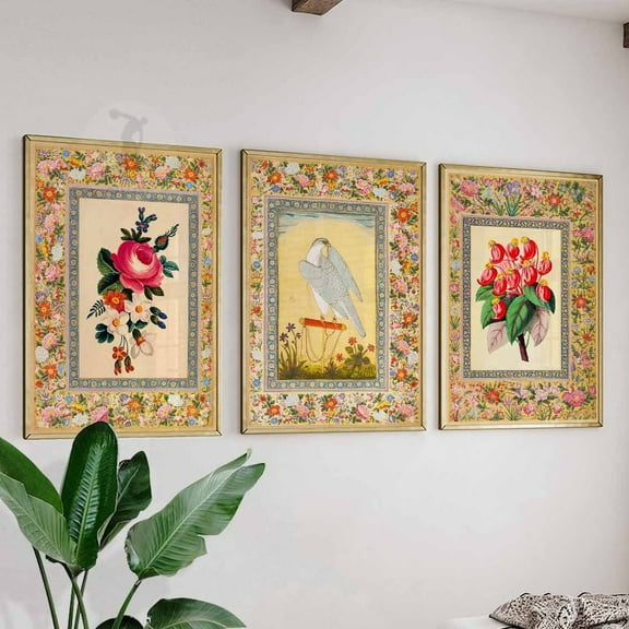 Luvia Indian Floral Art, Set Of 3, Indian Art Print, Floral Print, Birds Print, Modern Wall Decor Set 3 Prints 8x12 UNFRAMED