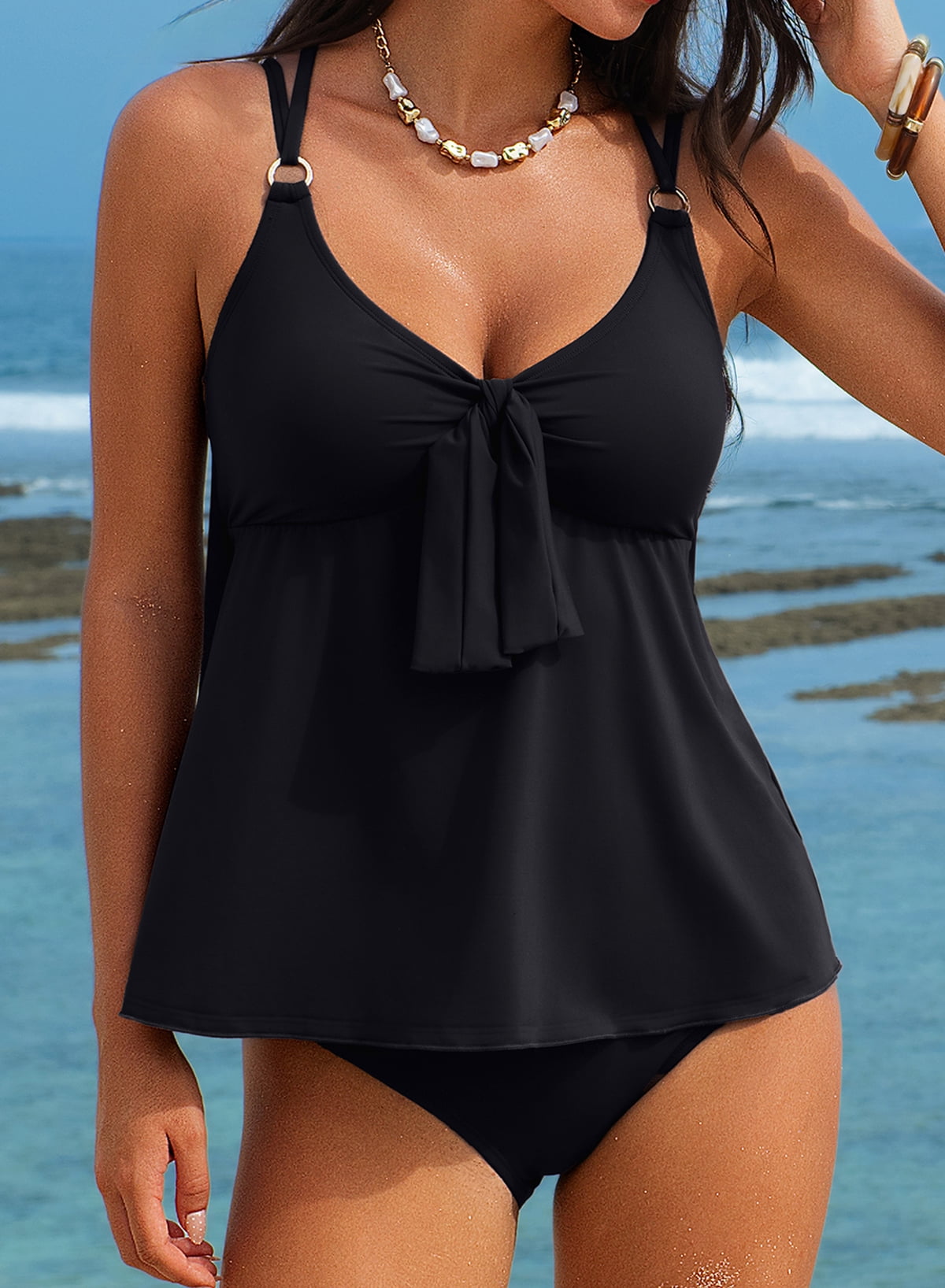 DOKOTOO Womens Tankini Sets V Neck Push Up Swim Top with Swim Bottom Flowy Tummy Control High Waisted Bathing Suits Black L US12-14