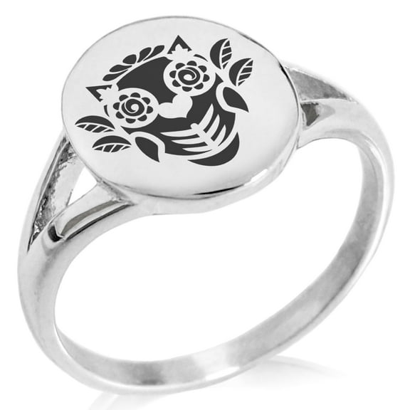 Tioneer Stainless Steel Day of the Dead Owl Minimalist Oval Top Polished Statement Signet Ring