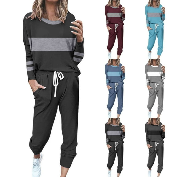 FRSASU Womens Oversized Lounge Sets 2 Piece Outfits Color Block Striped Print Pajama Set Long Sleeve Top Drawstring Pants Fashion Set Wine