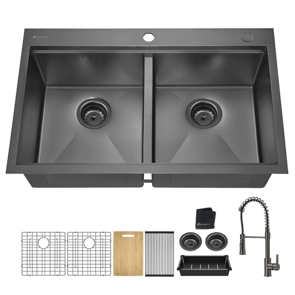 33 in Drop-In Double Bowl Gunmetal Black Stainless Steel Workstation Kitchen Sink with Black Spring Neck Faucet