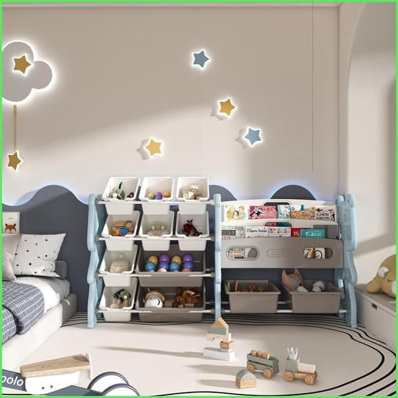 Kids Toy Storage Organizer with 2-Tier Bookshelf & 12 Bins | Blue | Polyethylene