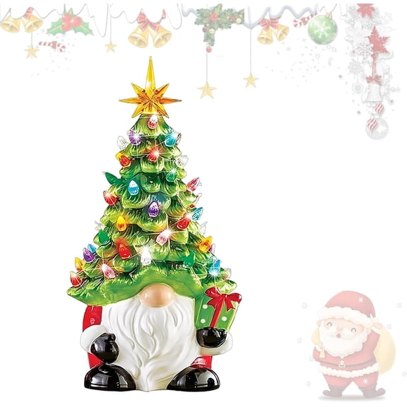 2026 New Lighted Christmas Gnome Tree, DIY Gnome Christmas Tree, 8 in Light Up Ceramic Gnome Christmas Tree with 32 Multicolored Lights, Xmas Decor for Tabletop Home Room Table (1, Button Battery)