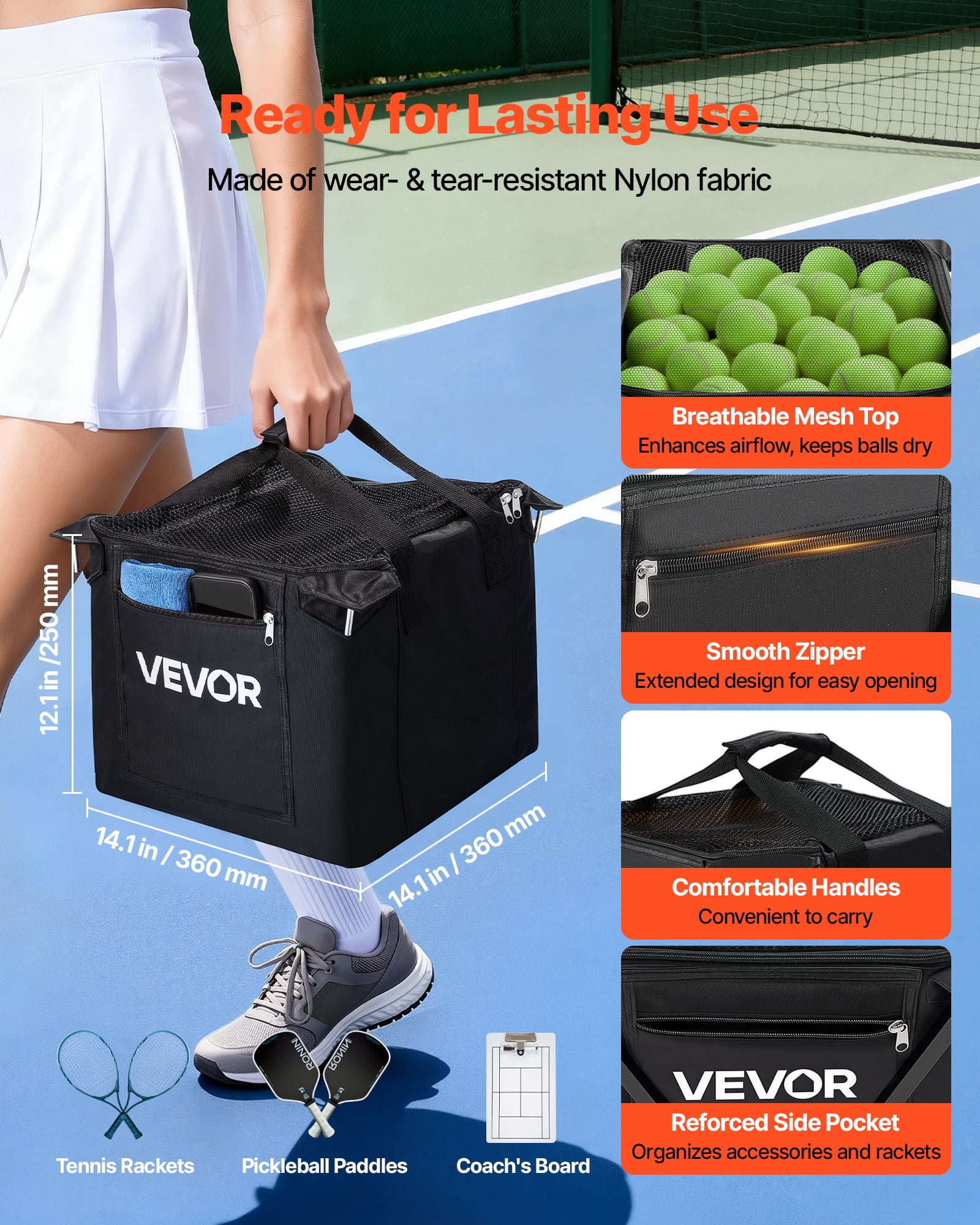VEVOR Tennis Ball Hopper, Holds 120 Tennis Balls, Foldable Pickleball Basket Cart with Wheels for Easy Pick Up, Lightweight Aluminum Alloy, Portable Pickleball Caddy with Storage Bag, for Training