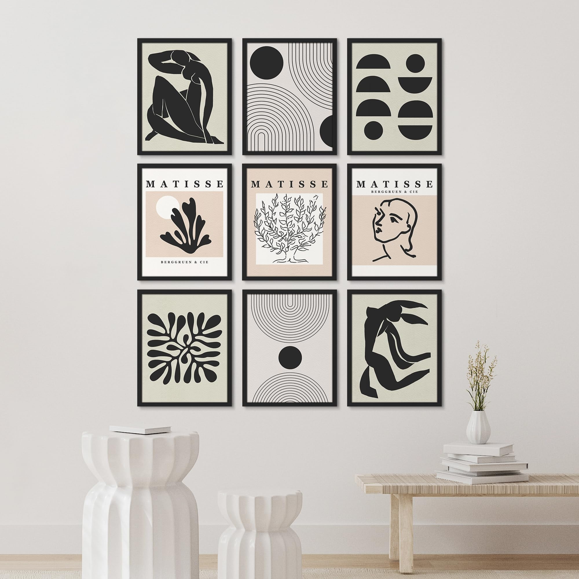 pixonsign-adhesive-canvas-print-wall-art-set-black-white-henri-matisse-dancer-flower-variety-posters-set-of-9-abstract-humanities-modern-art-minimal-boho-wall-d-cor-for-rooms