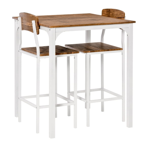 3 Piece Bar Table Set, Industrial Counter Height Dining Table Set, Bar Table & Chairs with Steel Legs & Footrests, White