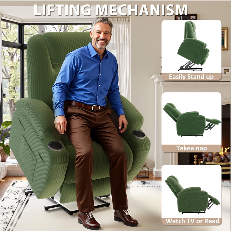 Lacoo Power Lift Recliner Chair with Massage Ergonomic Chair for Elderly with Infinite Position Side Pocket, Corduroy Green