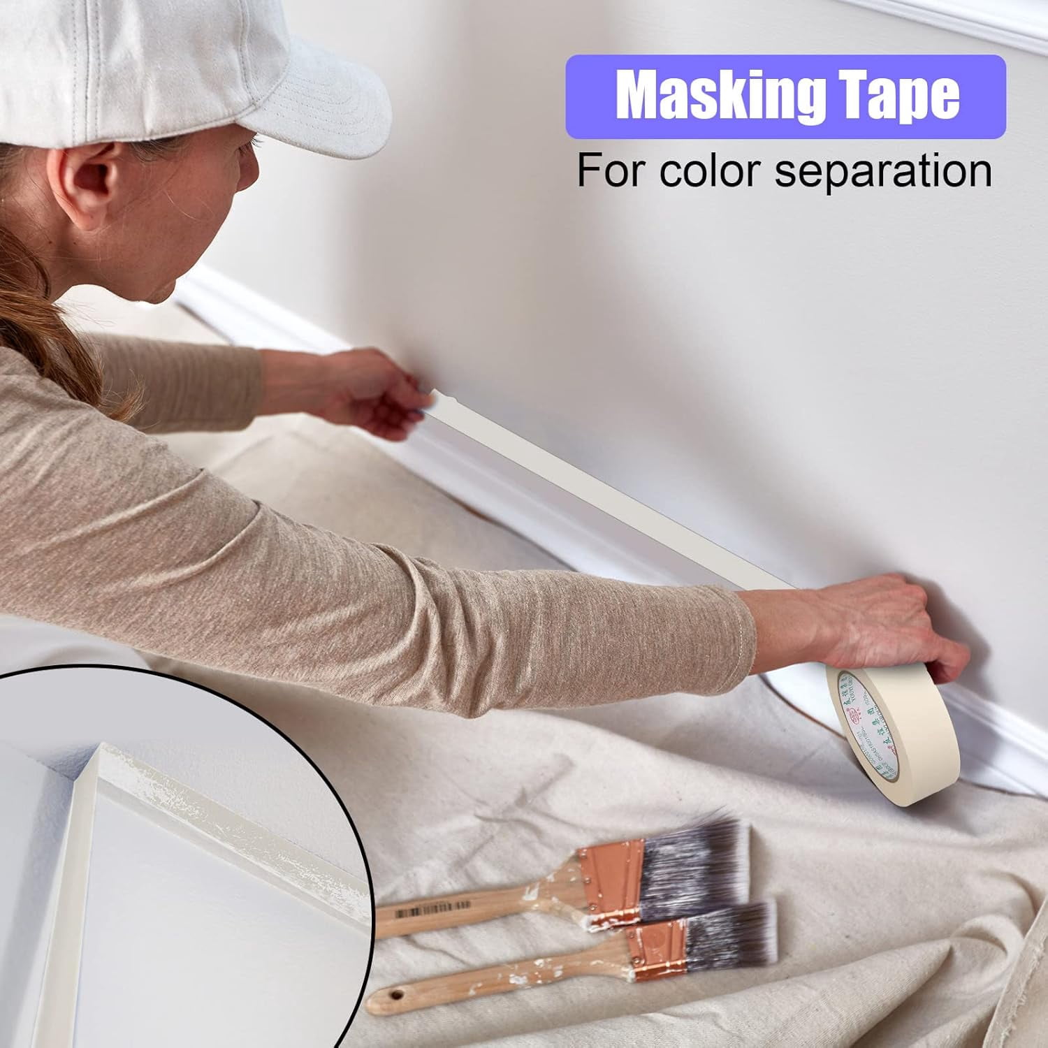 Beige Wide Thin White Painters Tape for Painting Home Office School Stationery