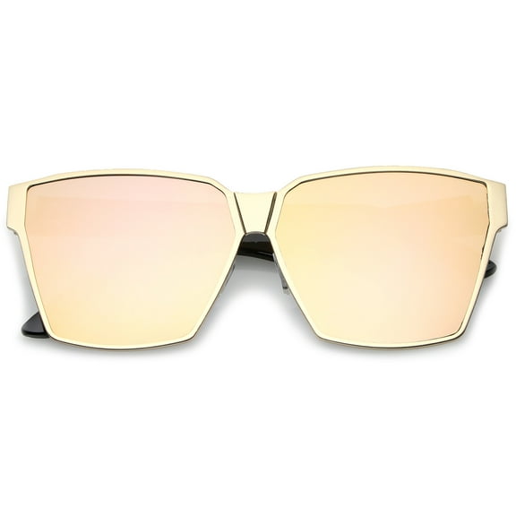 sunglassLA Unisex Oversize Matte Metal Accent Horn Rimmed Colored Mirror Flat Lens Square Sunglasses 63mm (Matte Gold-Black / Peach Mirro) - 63mm