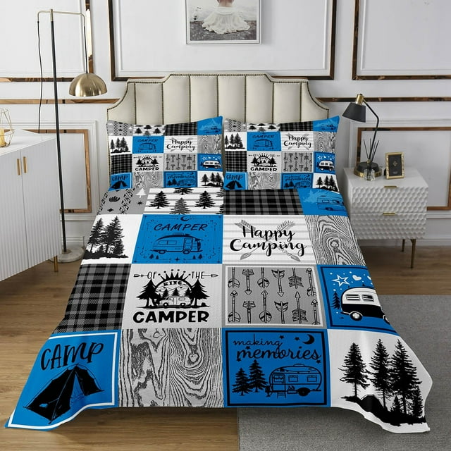 YST Blue Rv Quilt Set Queen Rustic Camper Decor Bedspread Set Camping Bunk Accessories For Camper Car,Rv Coverlet Set For Travel Trailers Country Buffalo Plaid Pine Tree Arrow Bed Set