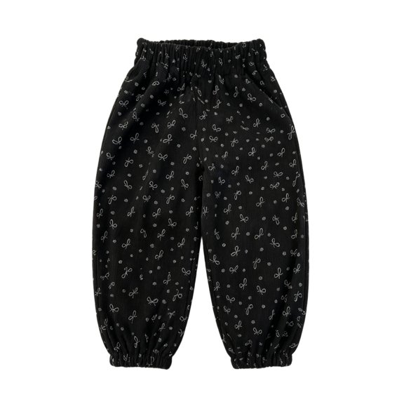 Qingpeng Girls Casual Pants Full Length Bow Print Elastic Waist Wide Leg Cuffed Autumn Winter Comfort Pants for Kids