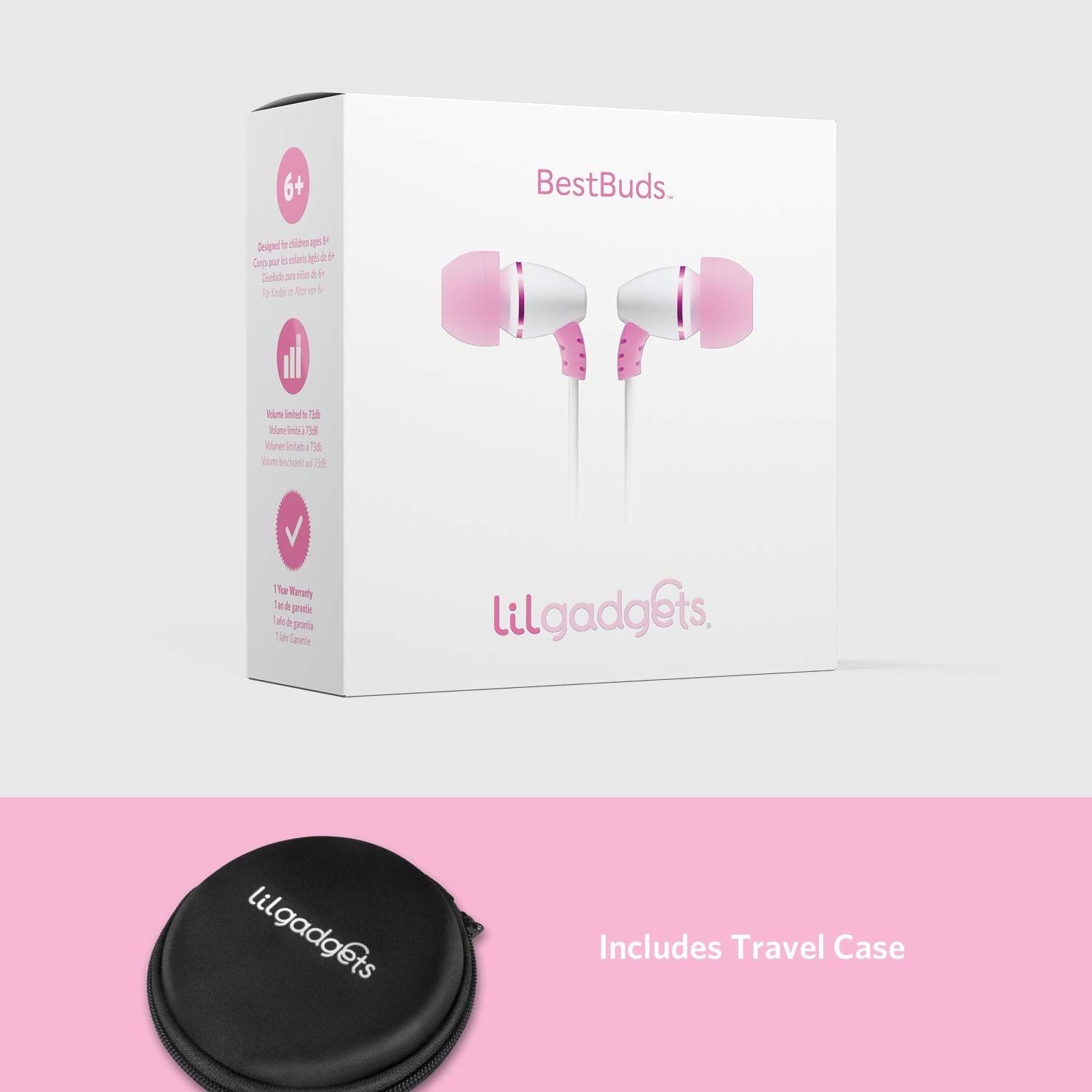 LilGadgets BestBuds Volume Limited, Wired in-Ear Earbuds for Kids (Includes Microphone, Travel Case & Splitter) Ear Buds for Kids, Perfect Headphones for School - Pink