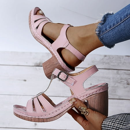 

Cathalem Strap Shoes Heels Women Buckle Sandals Beach Toe Breathable Fashion Slide Sandals for Women Flat Rhinestones Open Toe Pink 9.5