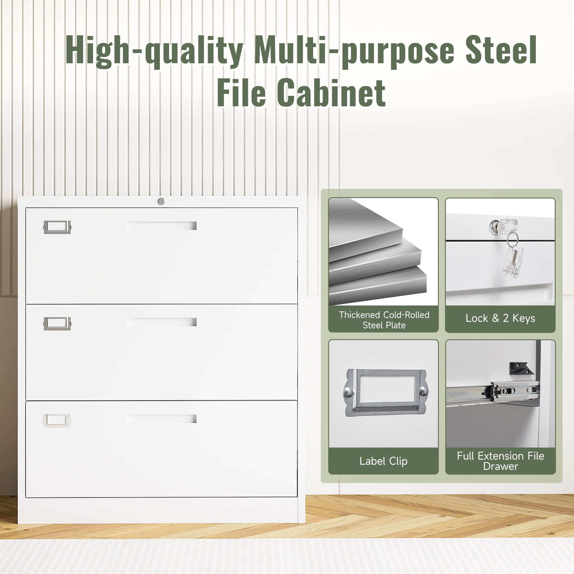 AUHUP 3 Drawer File Cabinet with Lock, Metal Lateral Filing Storage Cabinet Fits Letter/Legal/F4/A4 Size, File Cabinets for Home Office (White-Assembly Required)