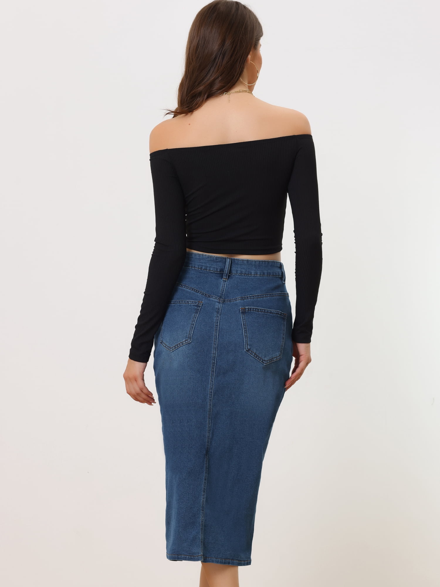 DARING DIVA Women's Denim Split Front Midi Jean Skirts M Blue