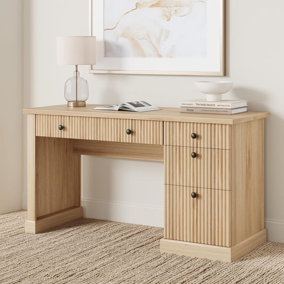 54 In Fluted Executive Desk with Charging Station and File Drawer Computer Desk for Home Office