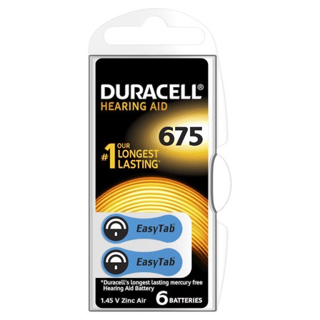 Duracell EasyTab 675 Zinc Air Hearing Aid Batteries - 600mAh - 6 Piece Retail Packaging