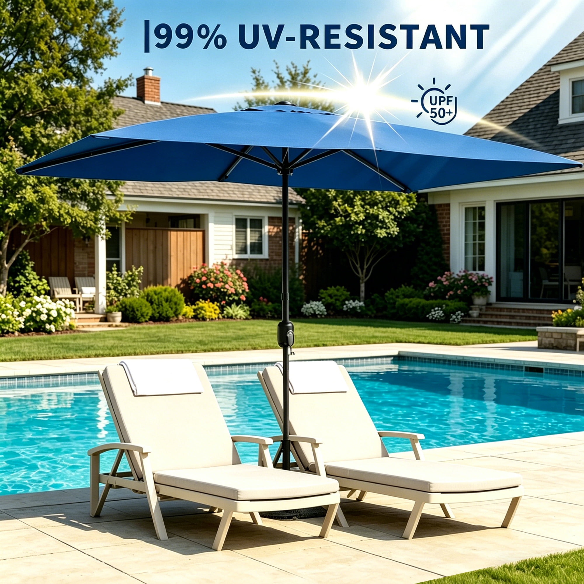 Kool 10x6.5ft Rectangular Patio Umbrella with Crank Handle, Outdoor Market Umbrella with 6 Sturdy Umbrella Ribs, Waterproof, Royal Blue