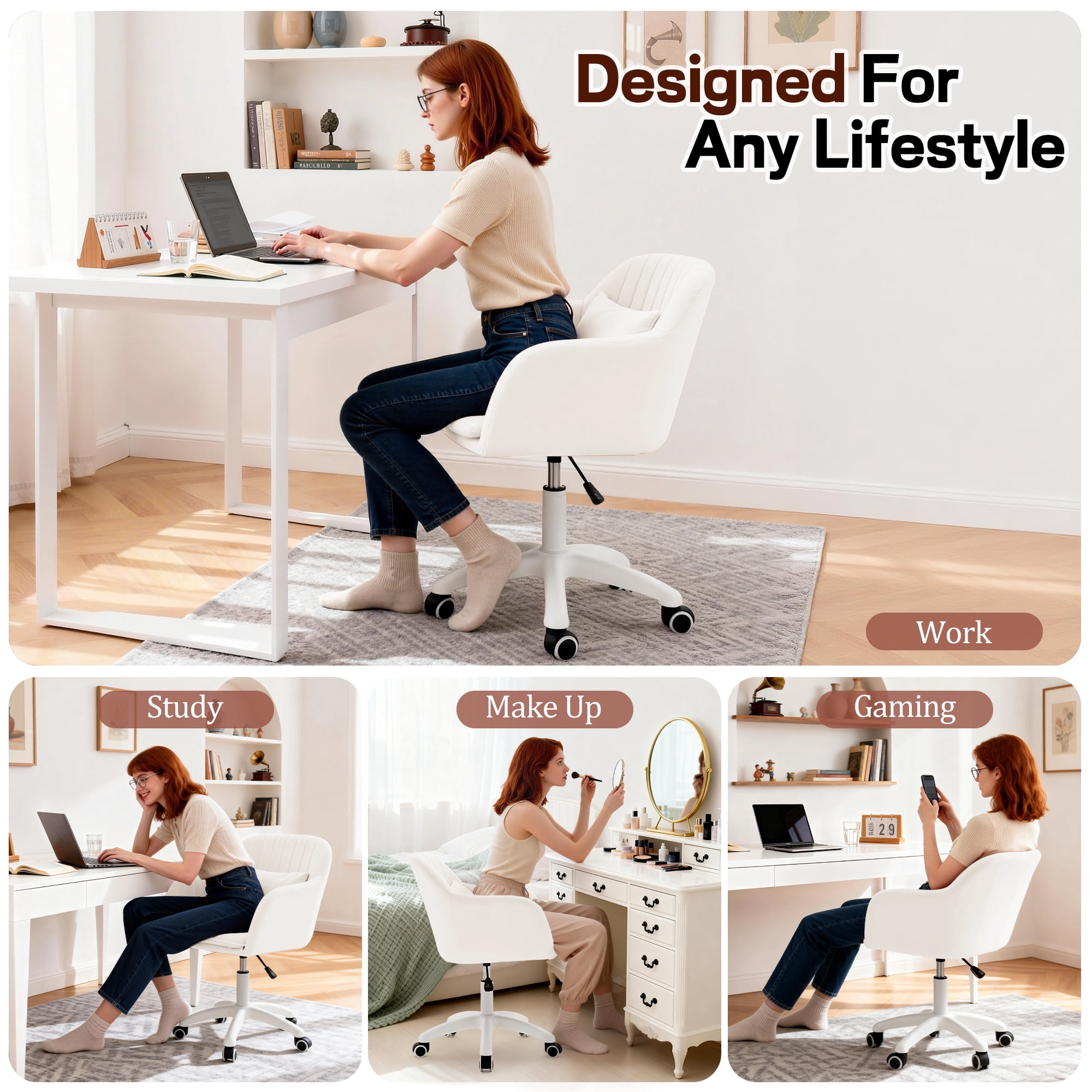 Korser Adjustable High Vanity Chair with Pillow Velvet Swivel Desk Chair with Wheels,Space-Saving Makeup Computer Chair,Home Office Desk Chair,Beige