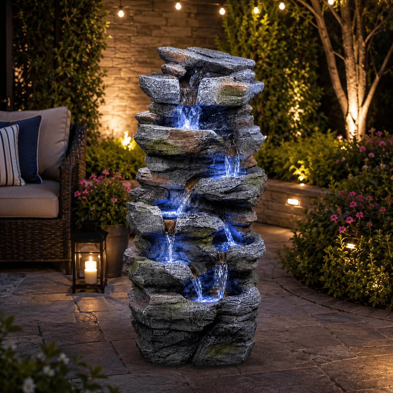 Aukfa Outdoor Rock Water Fountain with LED Lights, Resin Cascading Waterfall Feature for Patio Backyard Lawn,Gray