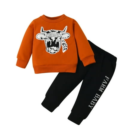 

Fsqjgq Baby Boy Outfit Toddler Boys Winter Long Sleeve Cow Letter Prints Tops Sweatshirt Pants 2Pcs Outfits Clothes Set for Babys Clothes Boys 5T Track Suits Cotton Blend Orange 9M