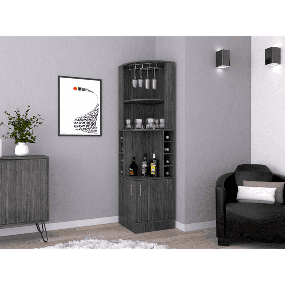 Newboti Furniture Corner Bar Cabinet 71" H, With Two Shelves At The Top, 1 Glass Holder, 8 Exterior Bottle Racks, 1 Central Shelf And A Lower Drawer With 2 Side Doors, Smoke Oak 3299