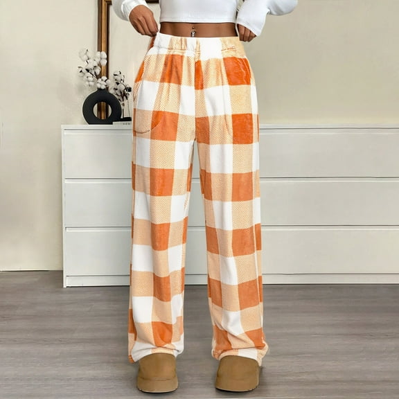 Pajama Pants Women Plaid Stretch Comfy Lounge Pants No Drawstring Waist Sleep Bottoms with Pockets Orange M