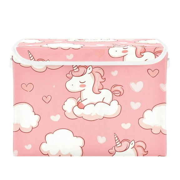 Valentine Clouds Unicorns Hearts Foldable Storage Bin with Lid and Handle Collapsible Storage Box 16.5 x 12.6 x 11.8 inches