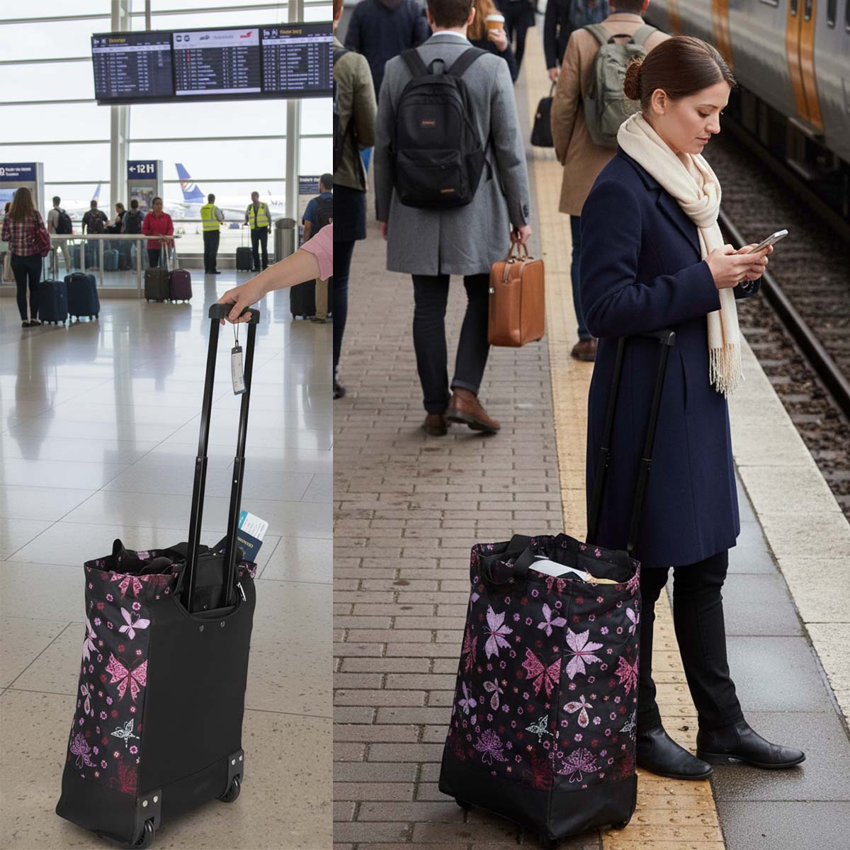20" Carry-on Rolling Luggage Bag,Print Shopping Bag Tote with Wheels,Portable Grocery Trolley Bag for Short Trips,Beach & Daily Use,Butterfly Flower - TF023