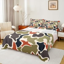 Feelyou Cartoon Fashion Camo Twin Sheet Sets for Teens, Chic Camouflage Twin Fitted Sheet, Green Square Abstract Flat Sheet, Super Cozy Room Decor, 3-Piece