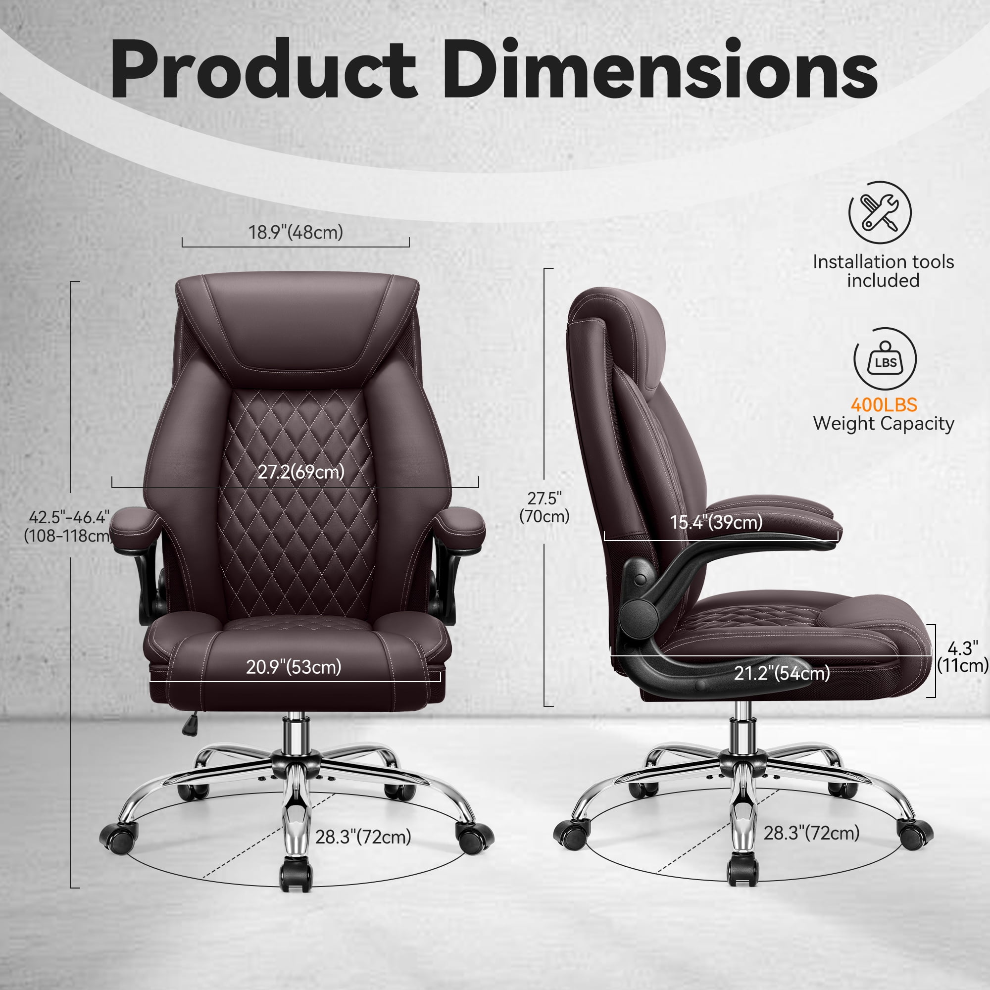 FASTES Ergonomic Office Chair, Desk Chair with High Back Flip-up Armrests Big and Tall Gaming Leather Chair with Rocking Function 2 Reclining Position,Coffee