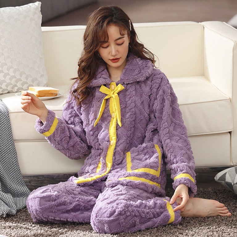Women's Autumn And Winter Thickened Warm Coral Velvet Long Sleeve+Pants  Worn Out Home Pajama Suit Tietoc 