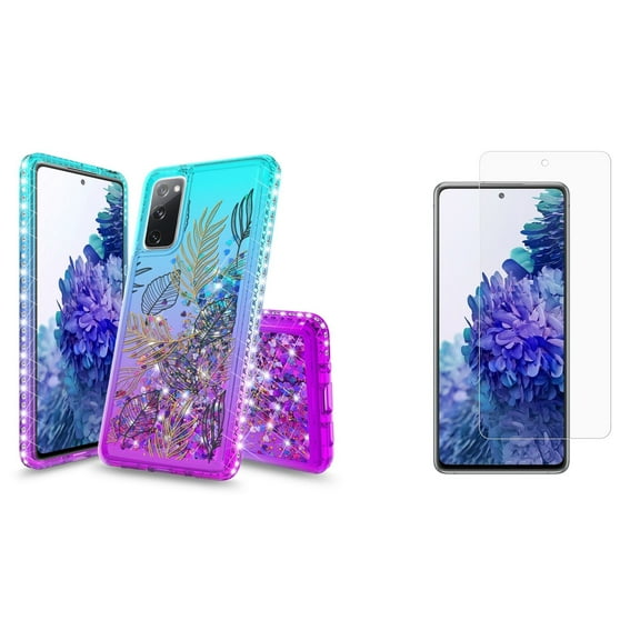 Bemz Liquid Quicksand Case for Samsung Galaxy S20 FE (with 2 Pack of Tempered Glass Screen Protectors and Touch Tool) - Tropical Leaves (Teal/Purple)