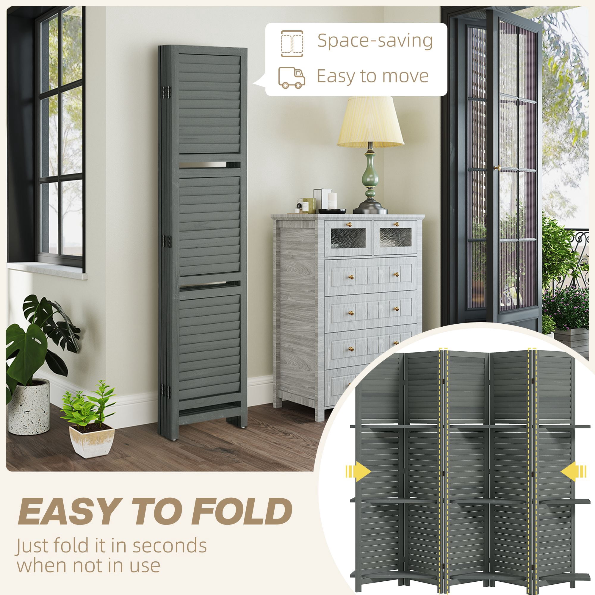 Alvantor 5 Panel Room Divider 67" Wood Privacy Screen with Storage Shelves for Porch Living Room Dorm Gray