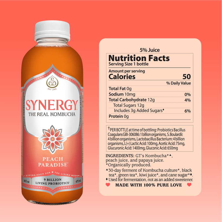 2 pack) Synergy The Real Kombucha Peach Paradise, 16 fl oz