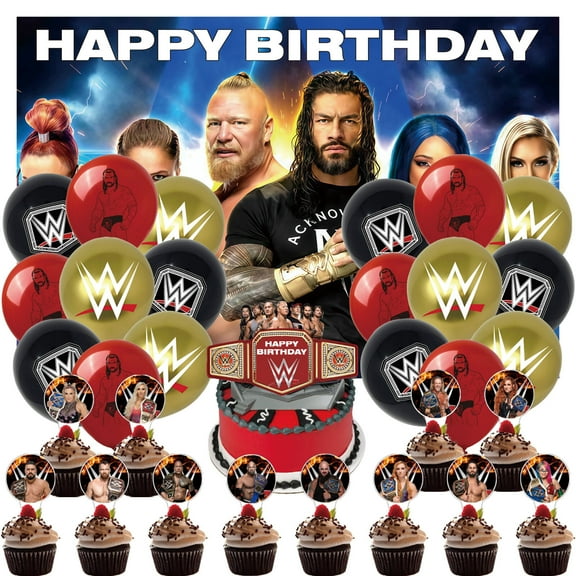 32 PCS For Wrestling Theme Birthday Party Decorations,With 18 Balloons,1 Cake Topper,12 Cupcake Toppers,1 Backdrop Decorations for Party Decorations