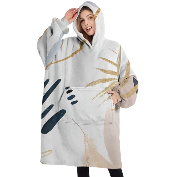 Oversized Wearable Blanket Hoodie,Blue Boho Abstract and Plant Pattern Sherpa Blanket Hoodie with Super Pockets,Super Warm Fuzzy Pullover for Women & Men