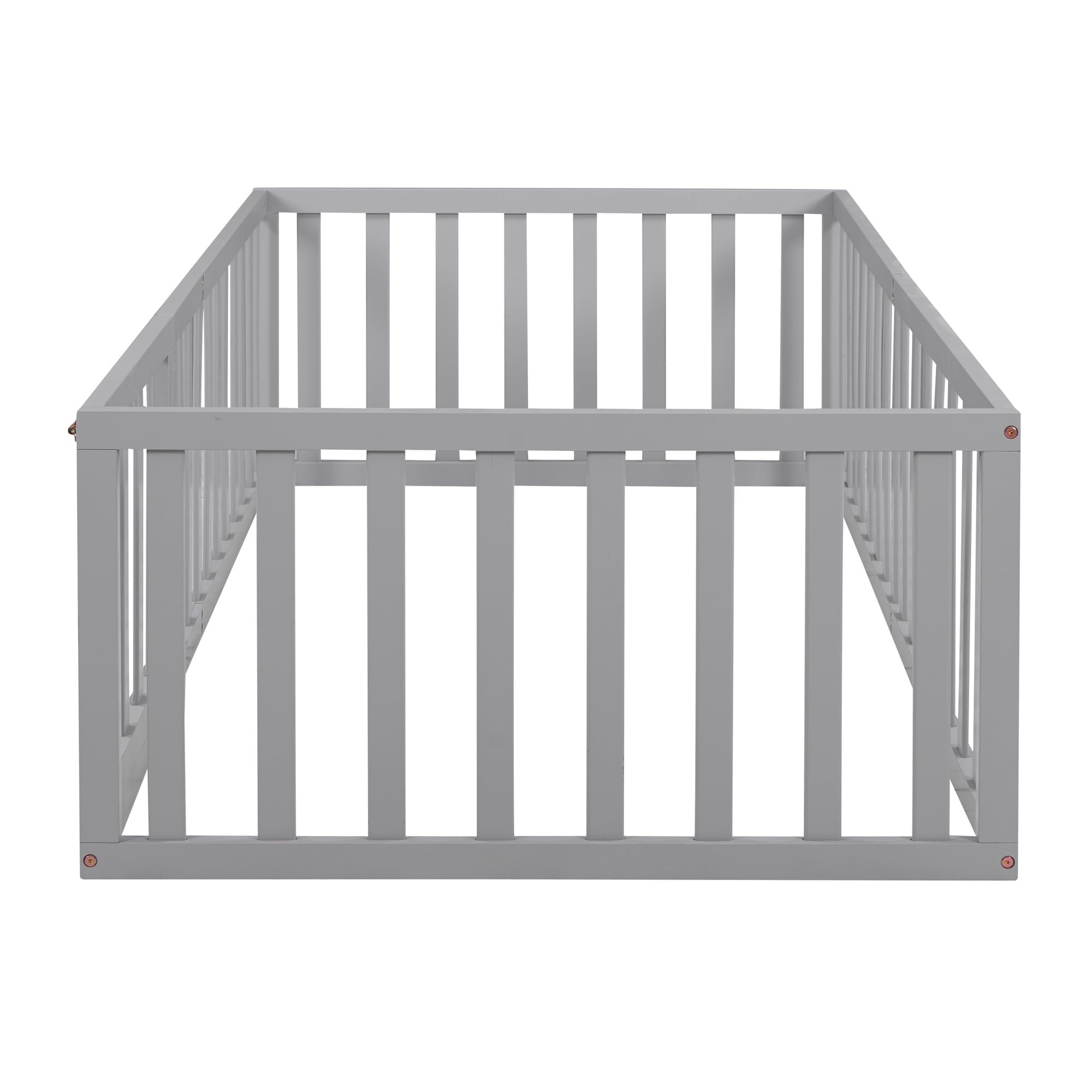 Kumix Twin Floor Bed with Fence and Door, Wood Floor Bed Frame for Teens, Noise-Free Low Floor Bed for Bedroom, Dorm, No Weight Capacity Limit, Easy Assembly, Gray