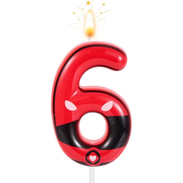 Bougies Numéro Six Rouges et Noires pour Anniversaire, Dessus de Gâteau Thème Héros de Bande Dessinée 2,32 Po, Décorations de Fête Joyeux Anniversaire Dessin Animé pour Garçons Filles Enfants, Cadeaux pour Amateurs de Bandes Dessinées, Fournitures de Fête à Thème (6)