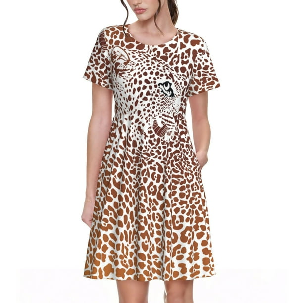 Balery Leopard Brown Vestidos sueltos de manga corta para mujer, vestidos de verano 2025, vestidos casuales de corte A con vuelo.