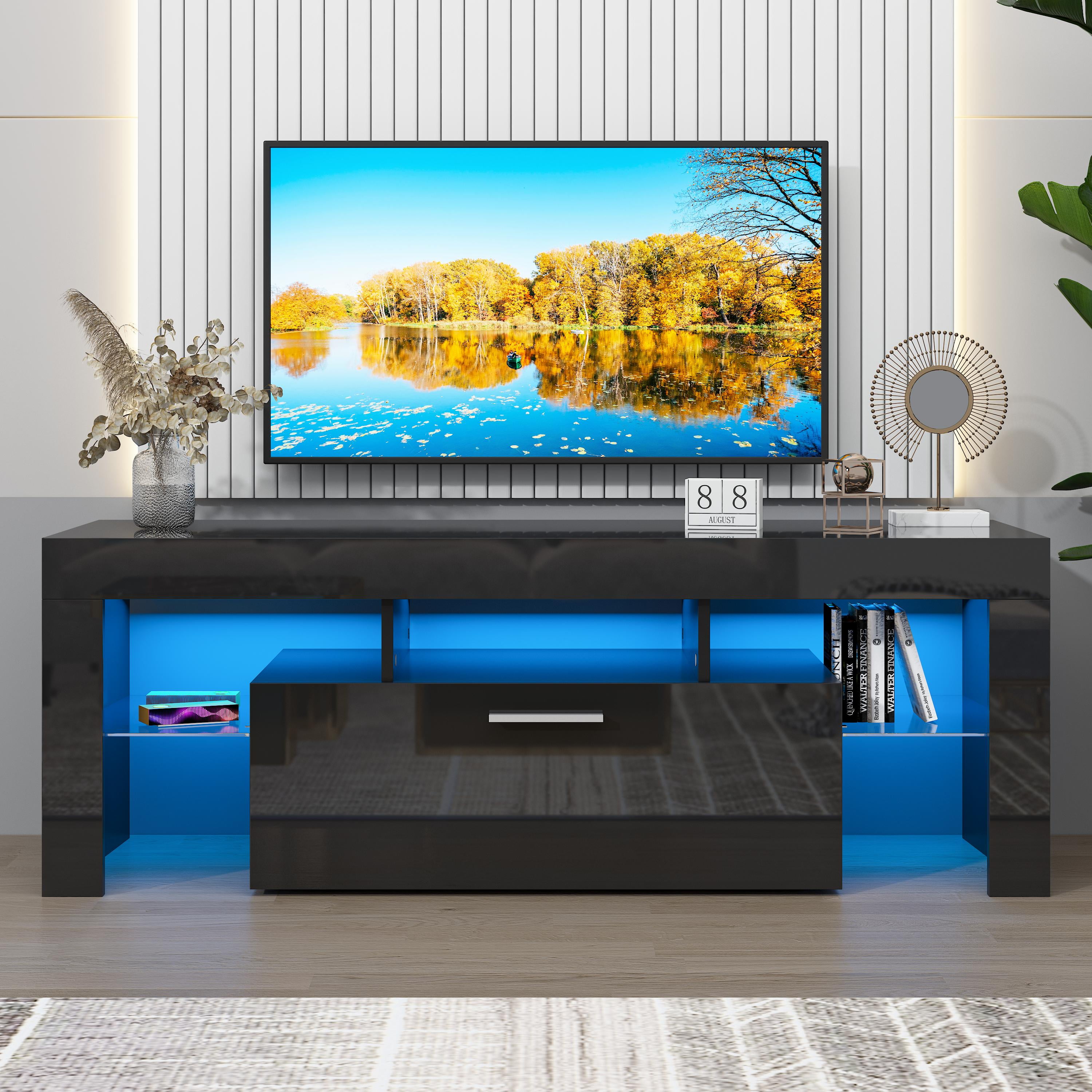 UHOMEPRO TV Stand for TV up to 55", High Gloss Entertainment Center with RGB LED Lights and Storage Shelves, Black Media Console for Living Room