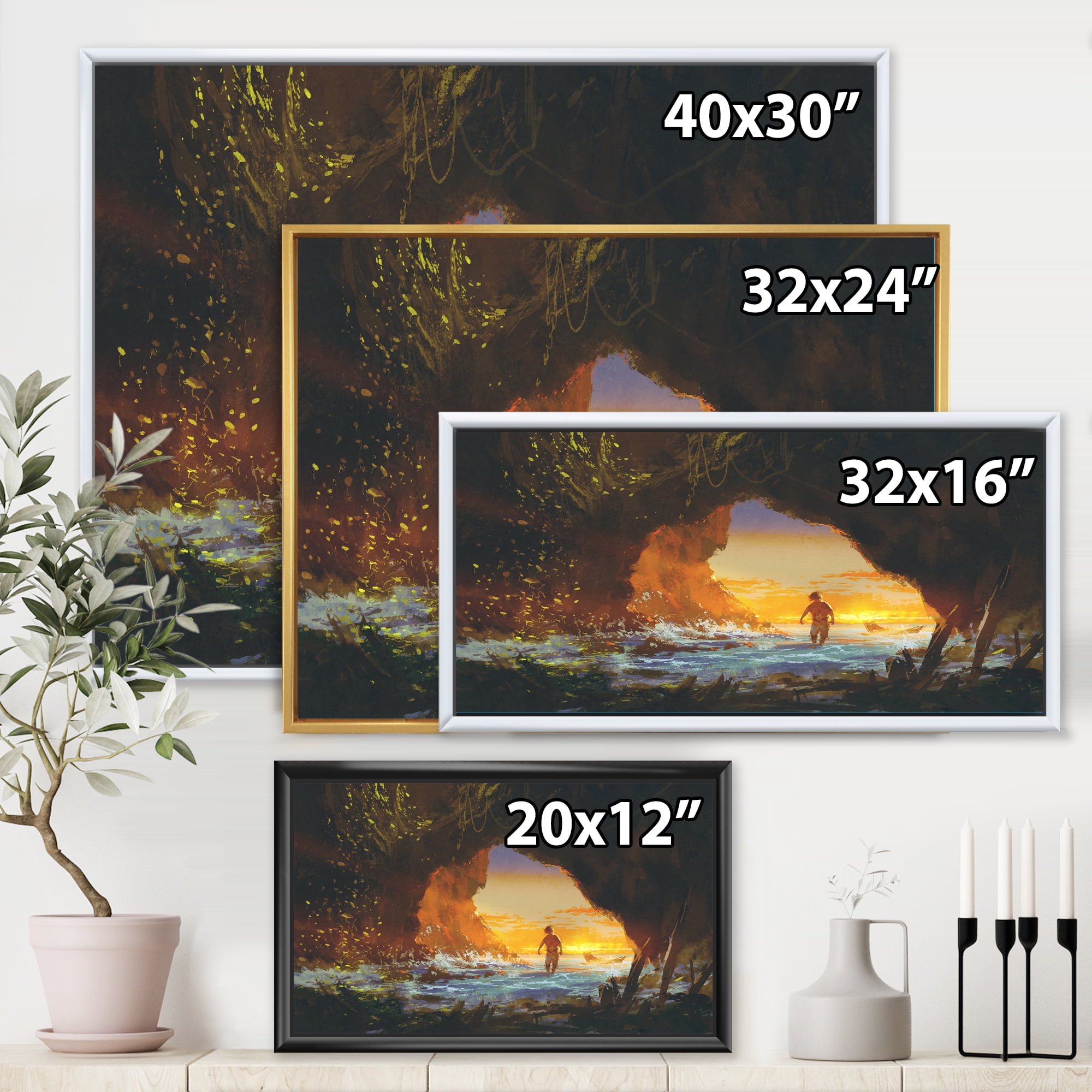 Designart 'The Sea Cave At Sunset With The Man Walking In' Nautical & Coastal Framed Canvas Wall Art Print
