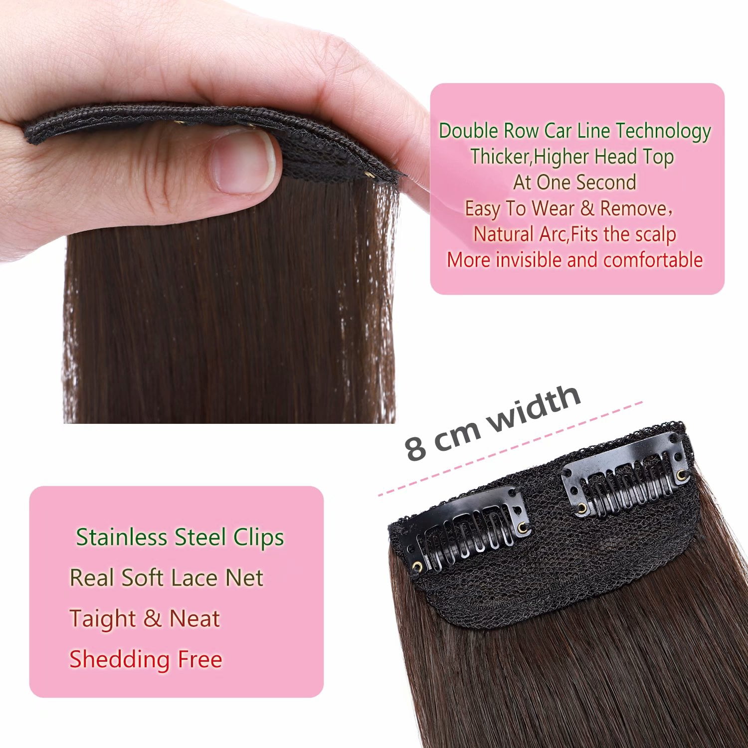 Benehair Clip in 100% Remy Human Hair Extensions Hair Pad Invisible Hairpiece Topper Thickened Soft Thin Hair Brown 2 Pieces