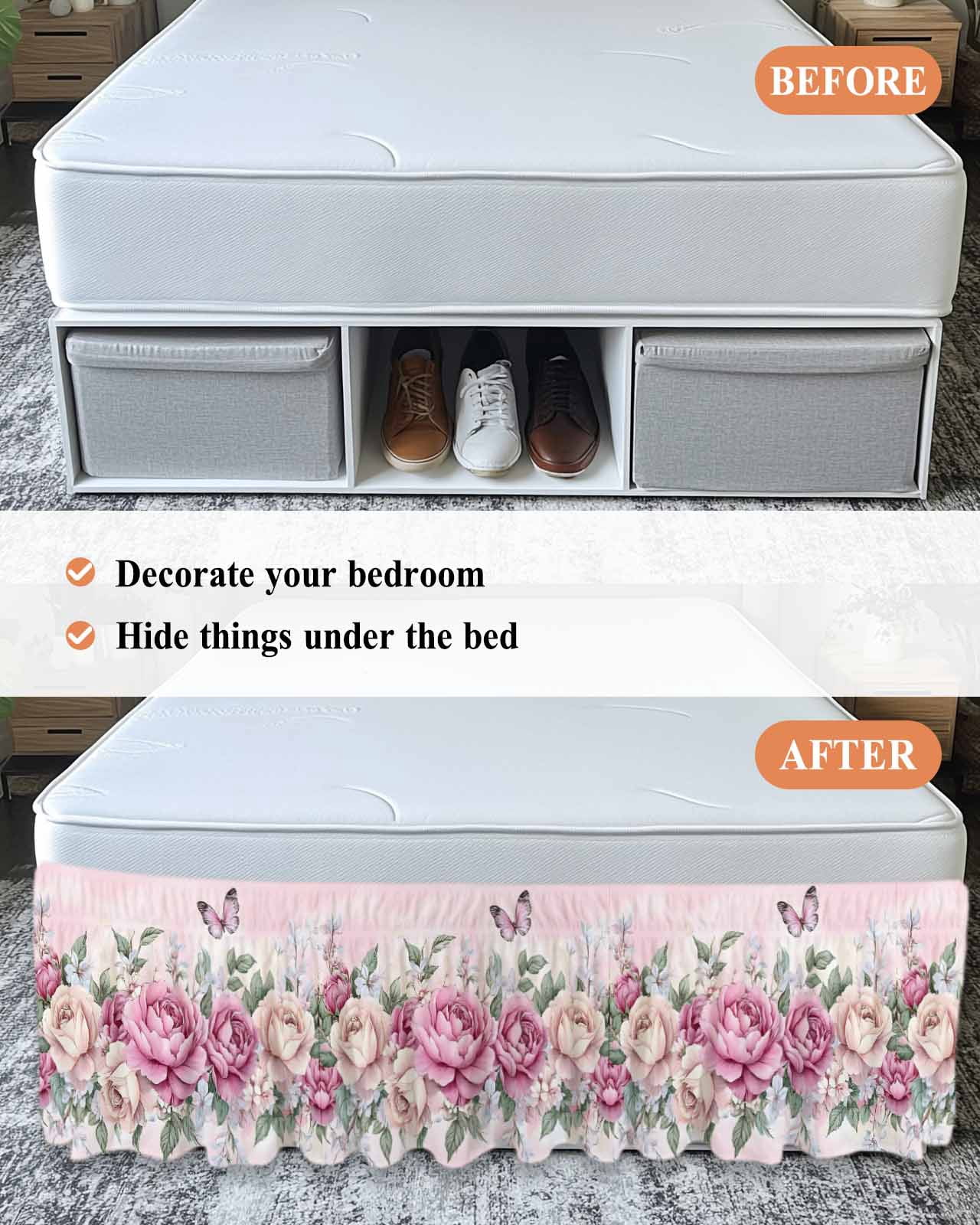 Watercolor Pink Floral Wrap Around Bed Skirts for Queen Bed 18" Drop,Bed Skirt with Adjustable Elastic Belt Dust Ruffle Bed Valance for Bedroom Hotel Spring Romantic Roses Butterfly Bed Frame Cover