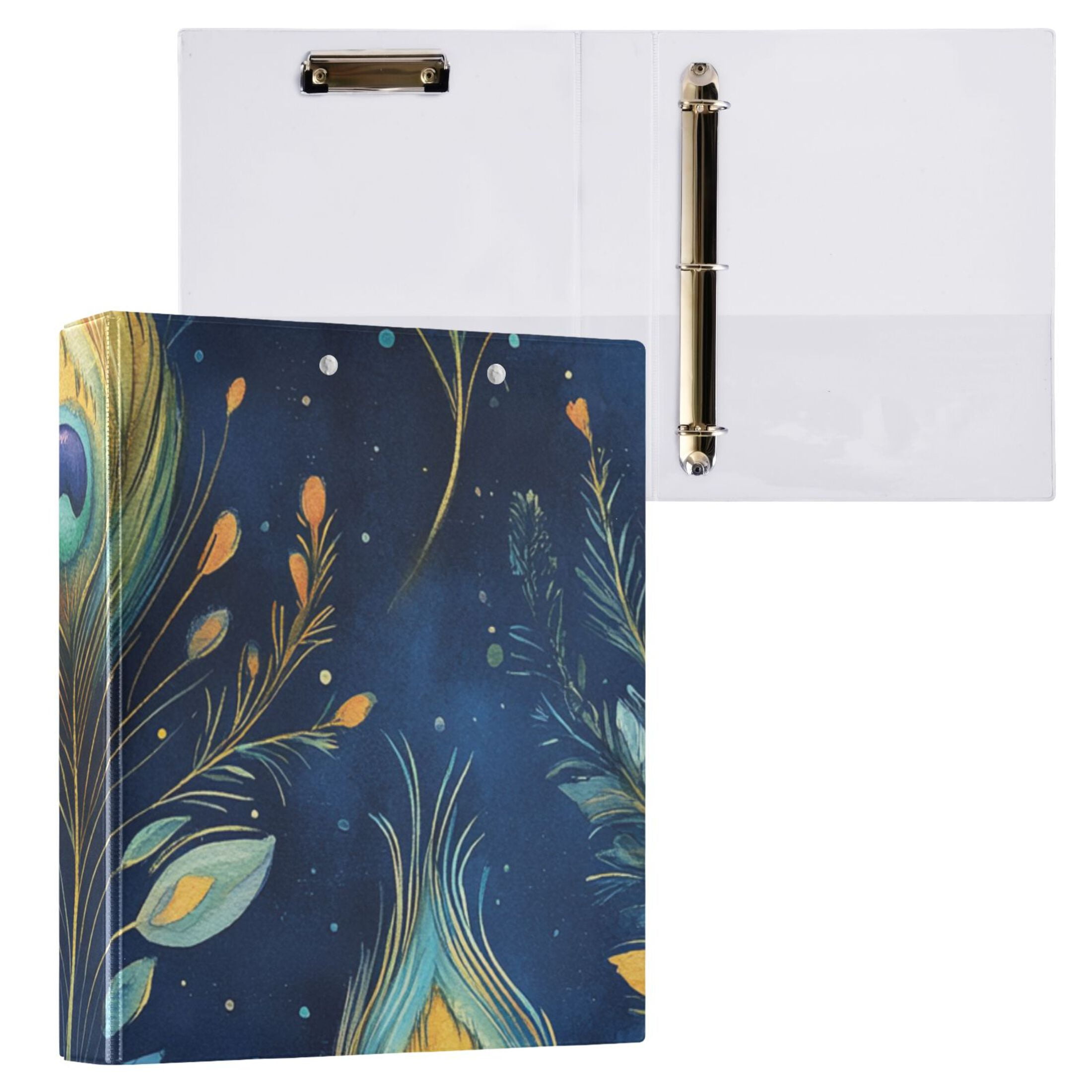 Peacock Feather and Leaves 3 Ring Binders 1.5 inch Hardcover File Folders with Interior Pockets A4 Size Organizer for School Office Hospital